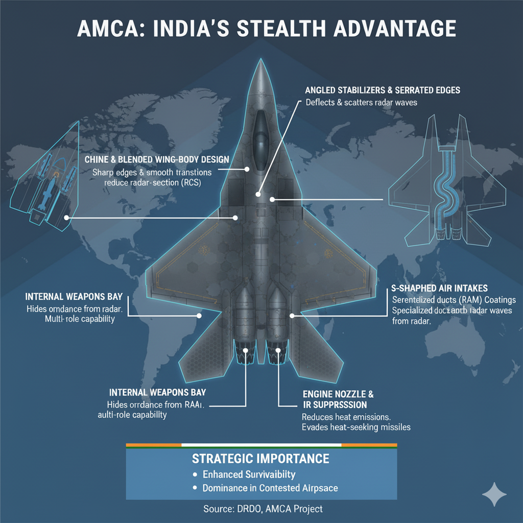 AMCA concept rendering showing twin-engine stealth fighter silhouette over horizon