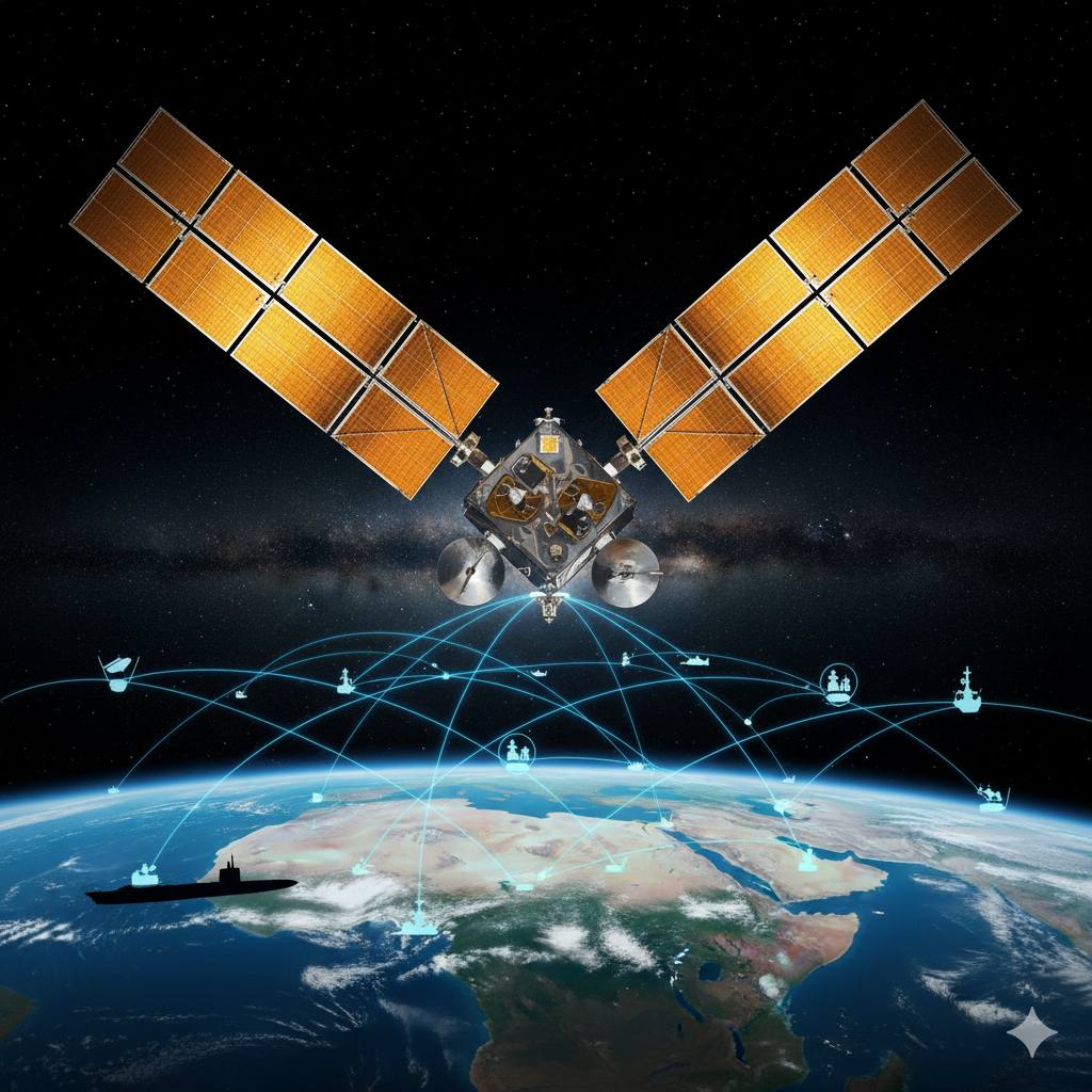 LVM3-M5 Triumph: CMS-03 Powers Navy's Secure Comms in a Contested IOR CMS-03 satellite with solar panels deployed in orbit