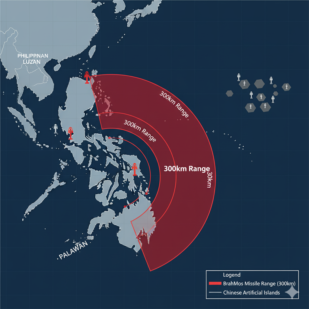 Strategic map of BrahMos coverage in South China Sea