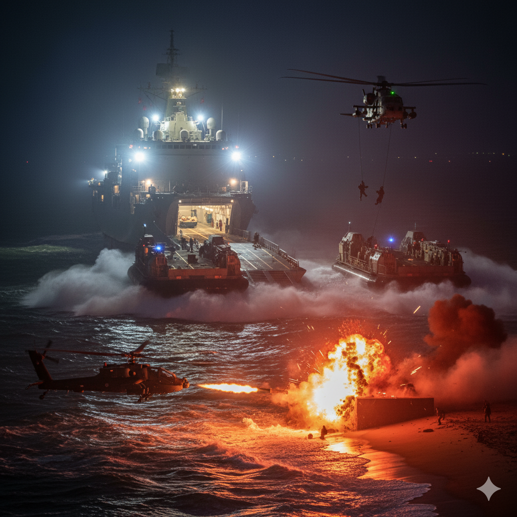 Exercise Trishul 2025 showcases India's tri-service integration INS Jalashwa leading amphibious assault during Exercise Trishul 2025